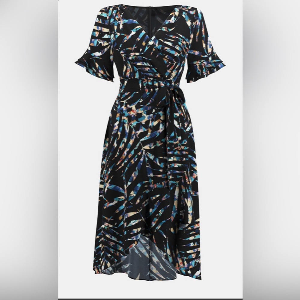 Black/Multi Tropical Print Fit And Flare Dress Style 231187